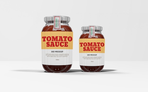 Mockup di vasetto di vetro per purea di salsa di pomodoro di diverse dimensioni isolato