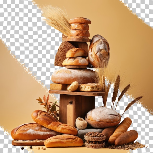 PSD 타이포그래피에 적합한 나무 테이블에 있는 다양한 종류의 빵