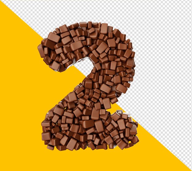 Digit 2 made of chocolate chunks chocolate pieces alphabet numeric two 3d illustration