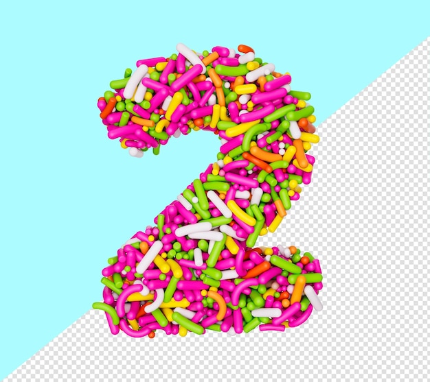 Digit 2 made of Colorful Sprinkles Numeric Two Rainbow sprinkles 3d illustration