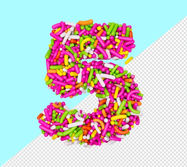 Digit 5 made of colorful sprinkles numeric five number rainbow sprinkles 3d illustration