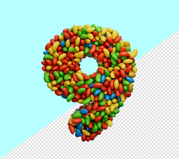 Cifra 9 colorful jelly beans numero 9 arcobaleno caramelle colorate jelly beans 3d illustrazione