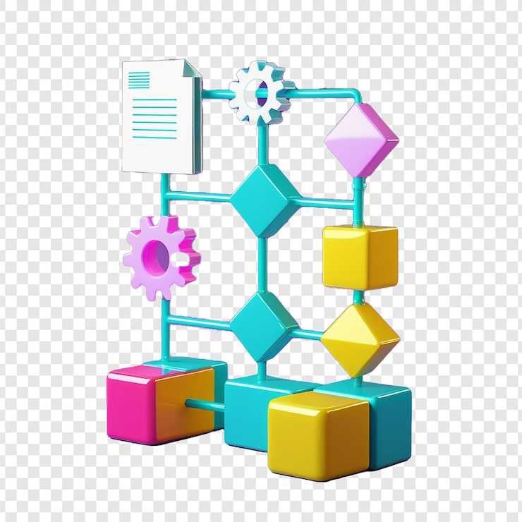 PSD digital 3d illustration of a stylized flowchart on gradient purple to pink background