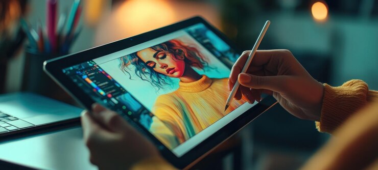 PSD digital artist using tablet to create stunning portrait