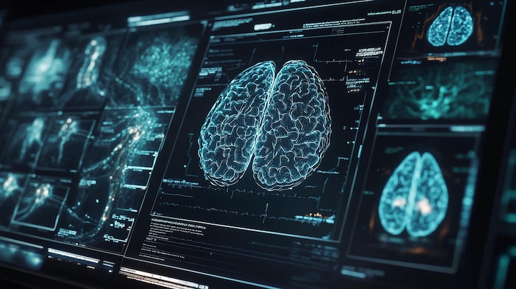 PSD digital brain scan on futuristic medical monitor