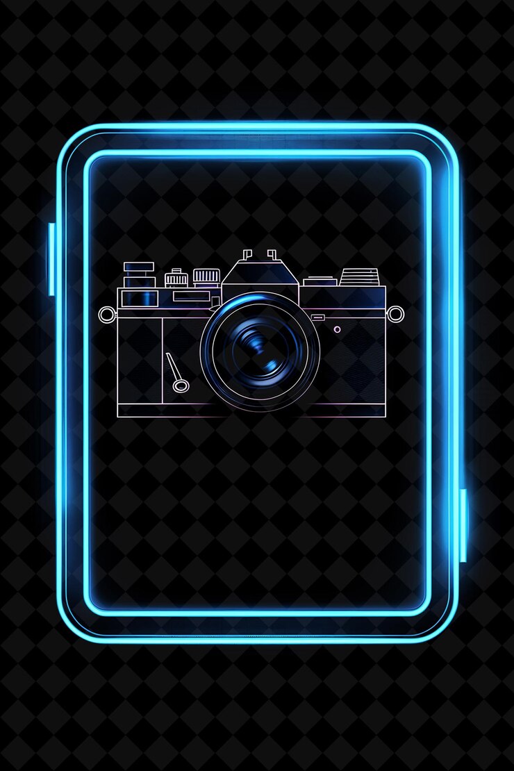 PSD a digital camera with a blue frame and a lens on it