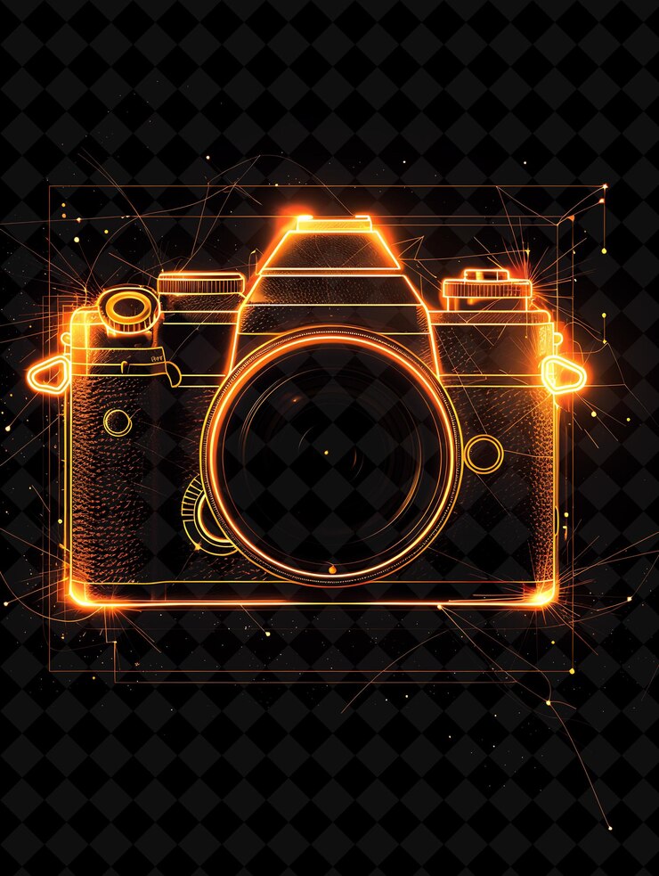 PSD a digital camera with a bright orange neon light on the bottom