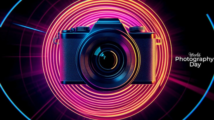 PSD a digital camera with a colorful background of neon lights
