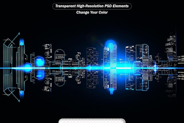 PSD 레트로 스타일의 일러스트레이션으로 디지털 도시 풍경 스마트 시티와 디지털 트랜스포메이션의 개념