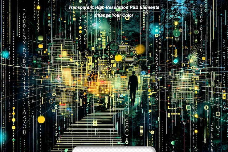 PSD digital city series backdrop design of three dimensional fractals and numbers