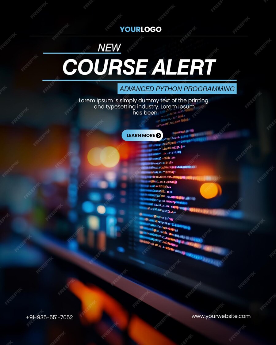 Digital coding script workshop poster template with closeup of a ...