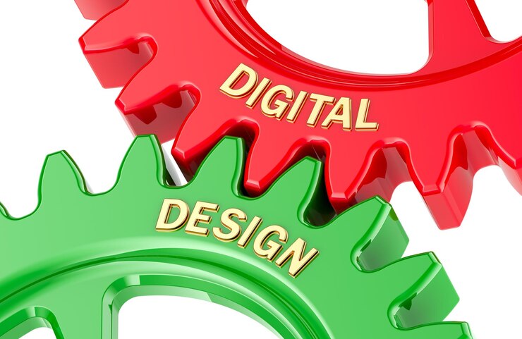 PSD digital design concept with colored gearwheels 3d rendering isolated on transparent background