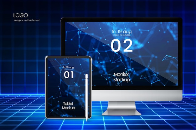 digital device screen mockup of tablet and computer monitor on blue neon background