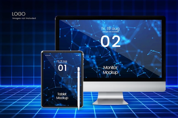 青いネオンの背景にタブレットとコンピューターモニターのデジタルデバイス画面モックアップ