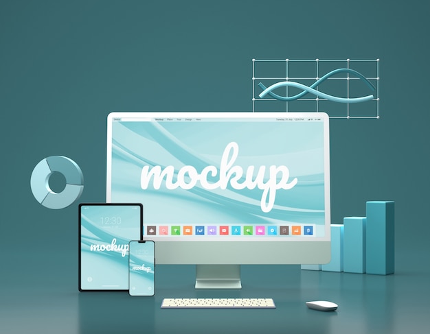 Dispositivi digitali in mockup di rendering geometrico