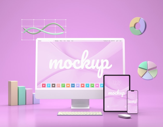 Dispositivi digitali in mockup di rendering geometrico