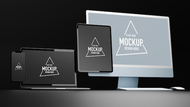 Digital devices with tablet computer and smartphone mockup screen 3d rendering