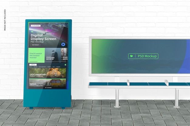 Digital Display Screen with Advertising Bench Mockup