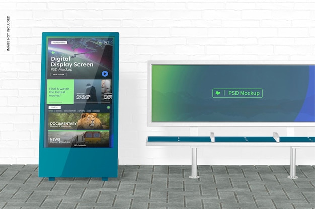 PSD schermo di visualizzazione digitale con mockup di banco pubblicitario