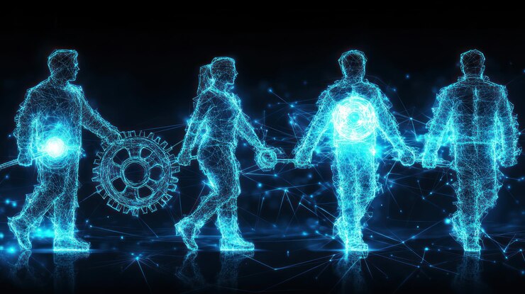 PSD digital figures walking symbolizing innovation and teamwork