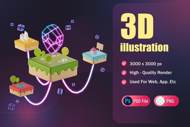 PSD digital future lands in metaverse 3d rendering