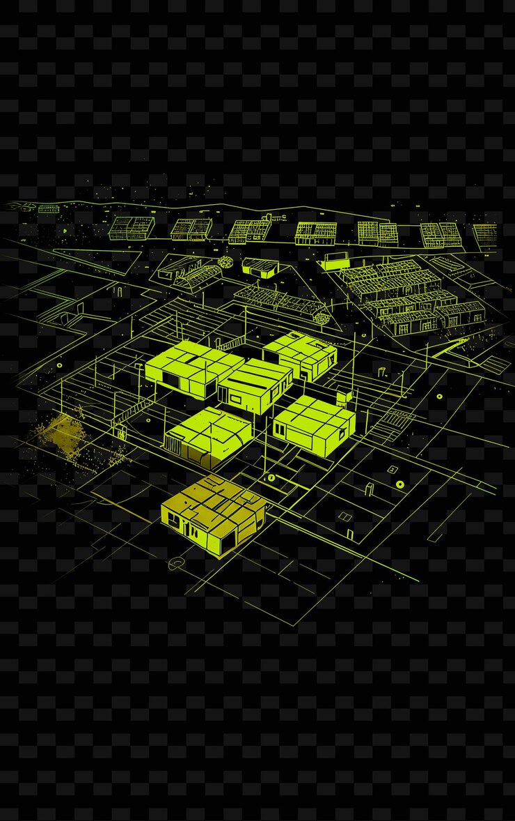 PSD a digital illustration of a building with a green light on it