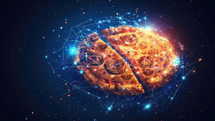 PSD a digital illustration of a pizza with a slice taken out surrounded by a glowing abstract network