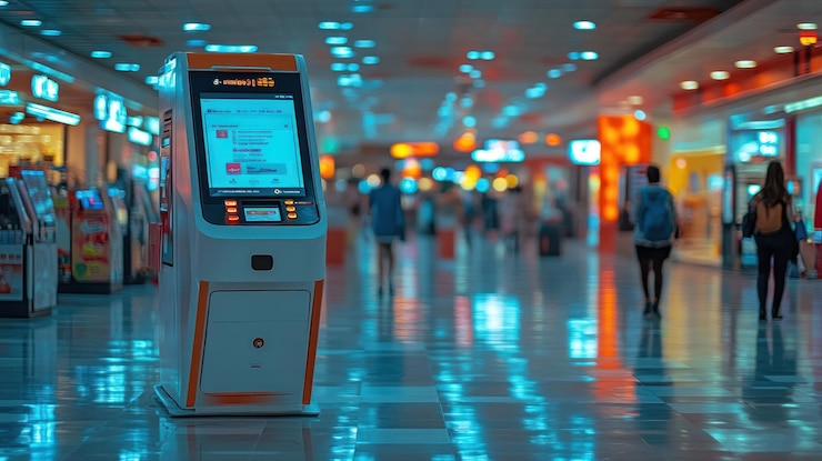 PSD a digital kiosk stands in a busy shopping mall with people walking in the background