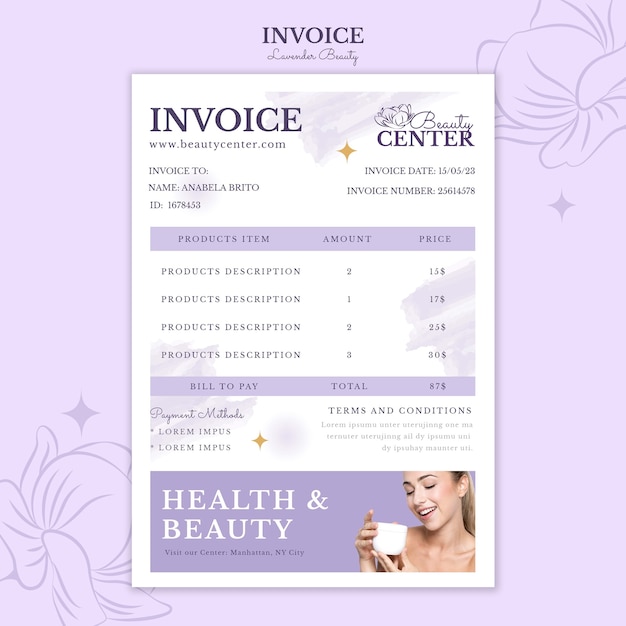 PSD digital lavender invoice template