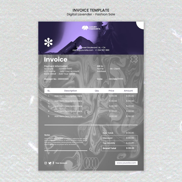 PSD digital lavender invoice template