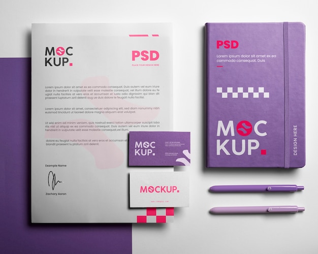 PSD set di cancelleria digitale lavanda mock-up design