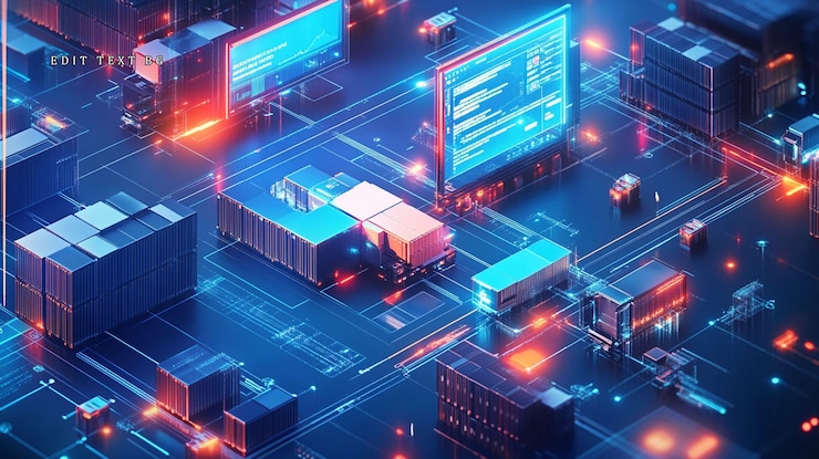 PSD digital logistics network with trucks containers and computer screens