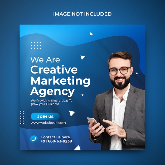 Agenzia di marketing digitale promozione social media instagram post in modello di sfondo blu