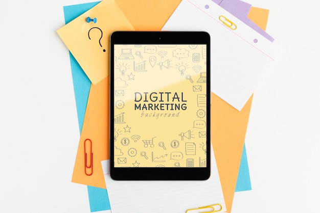 PSD digital marketing background on tablet device top view