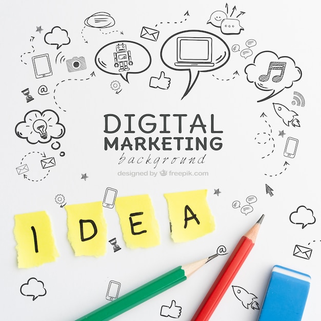 PSD idea e matite di concetto di marketing digitale