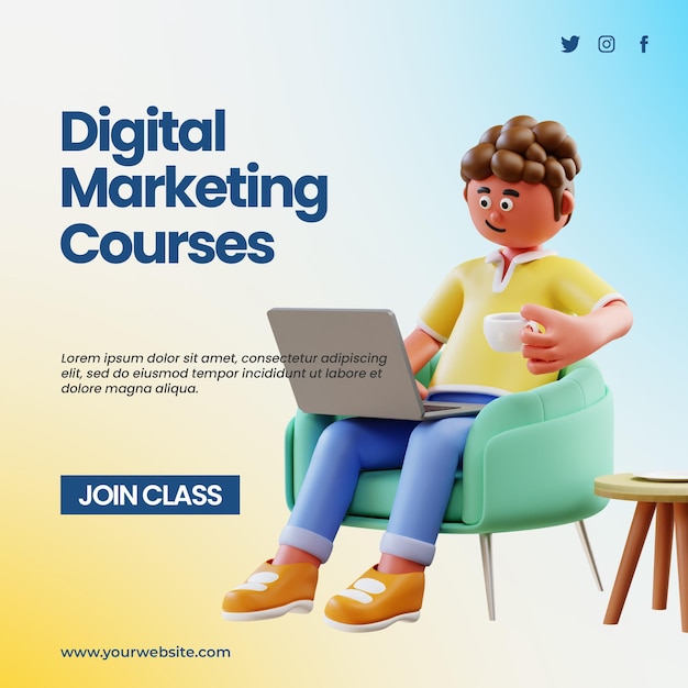 Digital marketing courses post template with 3d render character carrying laptop