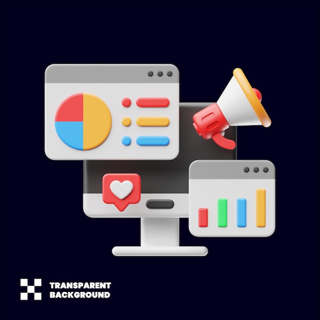 Digital Marketing Illustration With Megaphone Monitor And Charts In Minimalist 3D Render