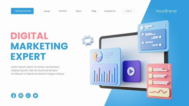 Digital marketing landing page, marketing analysis and responsibilities concept