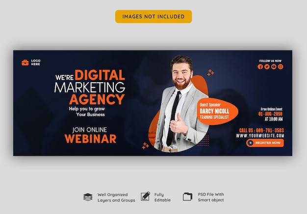 PSD webinar live di marketing digitale e modello di copertina di facebook aziendale