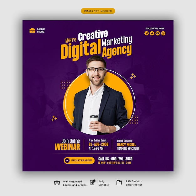 Webinar live di marketing digitale e modello di post sui social media aziendali