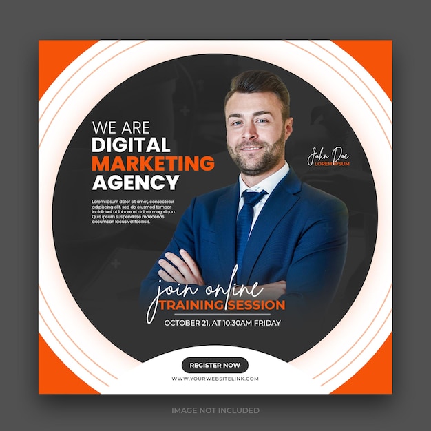 Webinar live di marketing digitale e modello di post sui social media aziendali