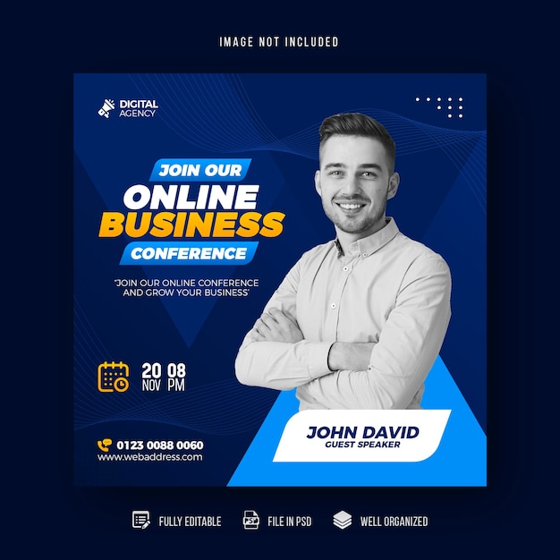 PSD webinar live di marketing digitale e modello di post sui social media aziendali