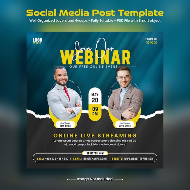 Webinar live di marketing digitale post sui social media e modello di banner web per post su instagram