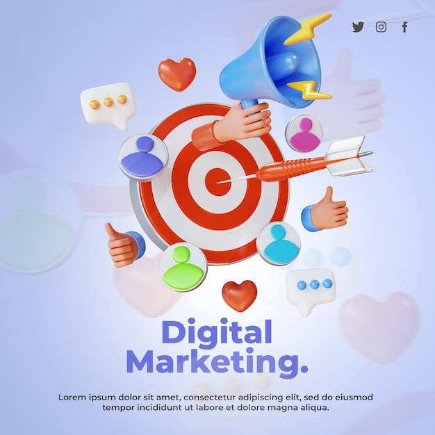 Modello di post di marketing digitale con illustrazione di rendering 3d target megafono