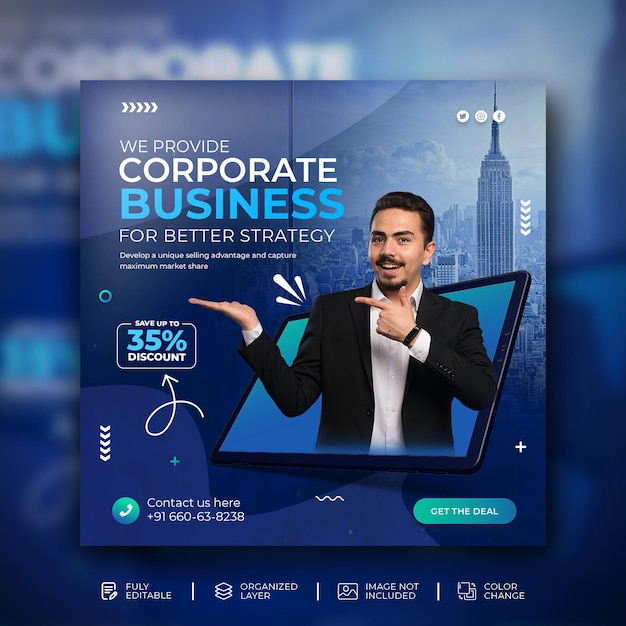 Digital marketing promotional banner social media post template in modern blue background