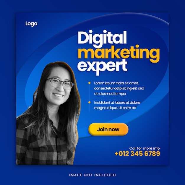 Digital marketing social media banner with blue yellow gradient background