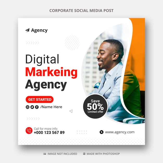 Пост в социальных сетях о цифровом маркетинге и шаблон рекламного баннера в instagram