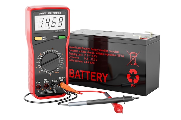 Digital multimeter and sealed ups battery 3d rendering isolated on transparent background