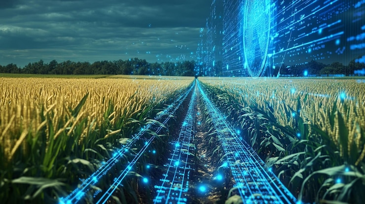 PSD digital overlay on a farm field showing data analysis for agriculture