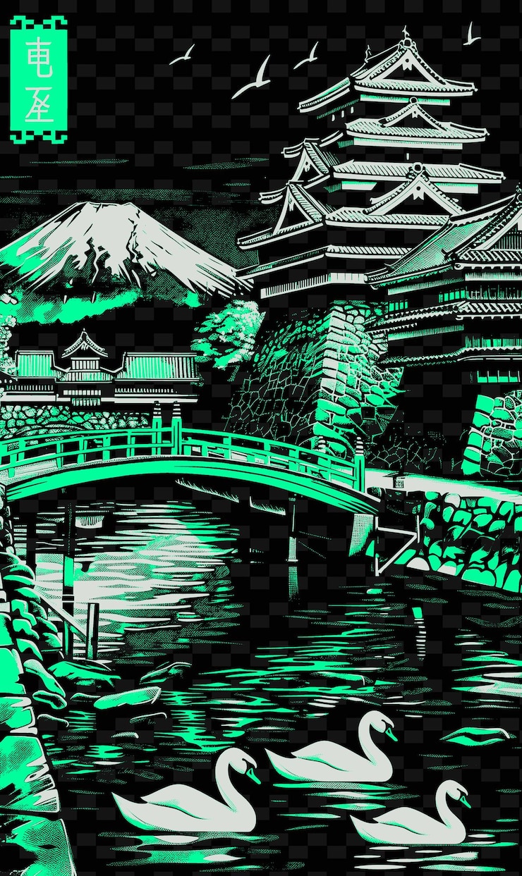 PSD a digital painting of a temple with a bridge in the background